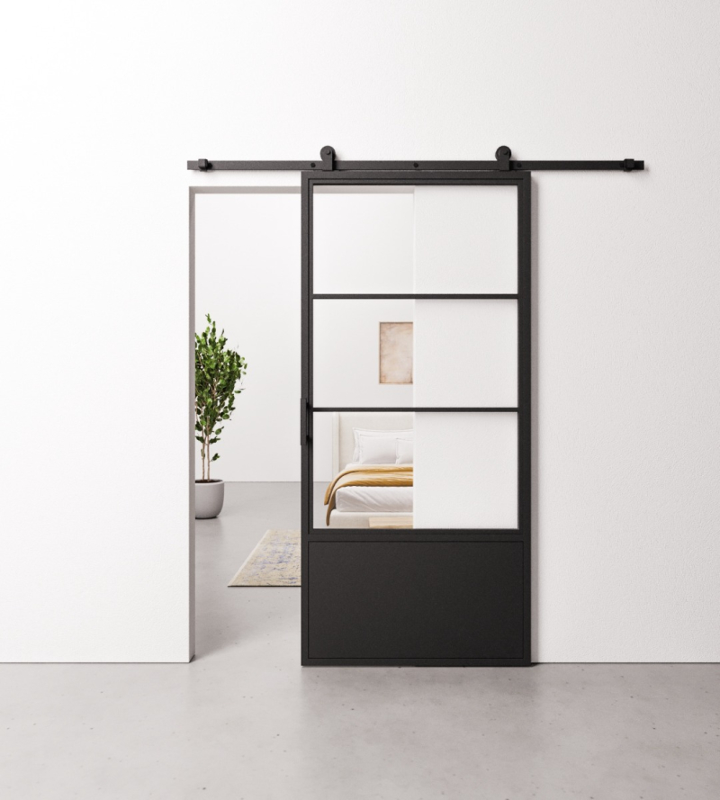 Schuifdeur Staal en Glas 3 vaks met kickplate