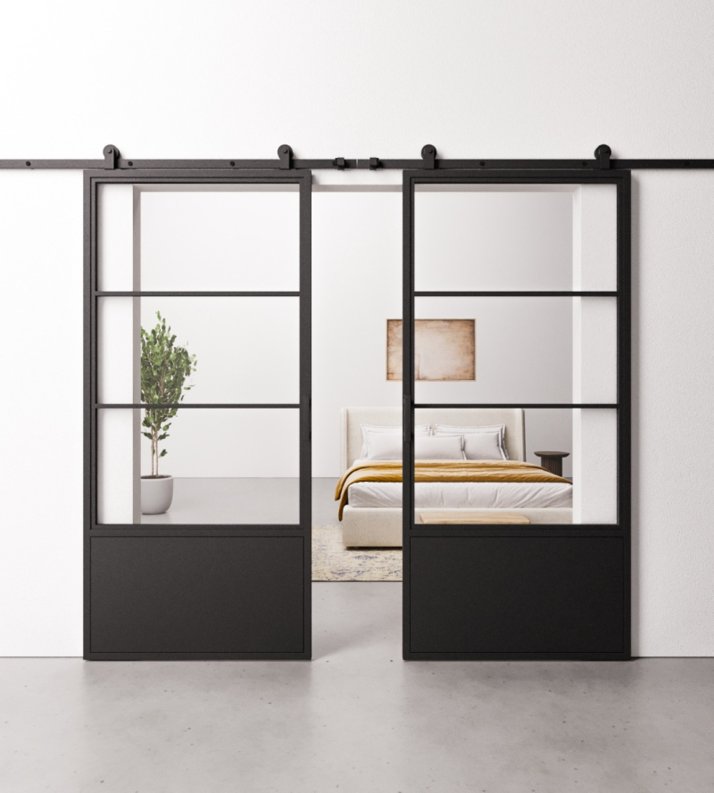 Schuifdeur Staal en Glas Dubbel 3 vaks met kickplate