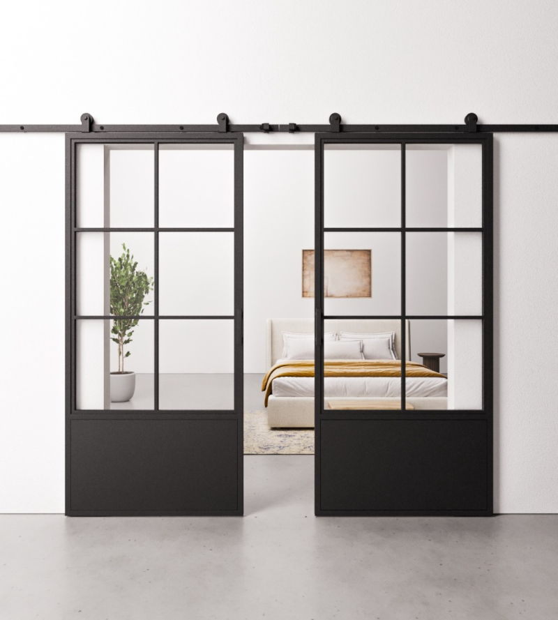 Schuifdeur Staal en Glas Dubbel 6 vaks met kickplate