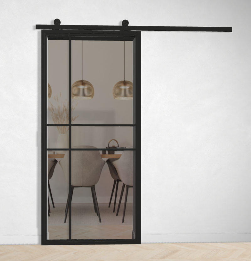 Outlet: Schuifdeur Staal en Glas 6 vaks modern met grijs gerookt glas 96,5 x 256 cm